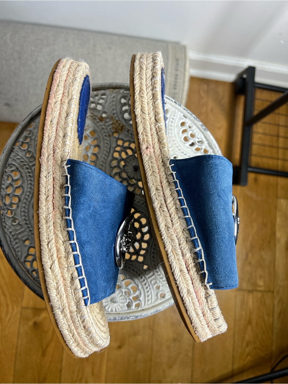 Coach Blue Suede Slide Espadrilles with Silver Horse-and-Carriage Medallions - Picture 5 of 6
